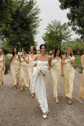 Long Bridesmaid Dress Yellow A Line Sheath Satin Maxi Dress V Neck Mychicdress